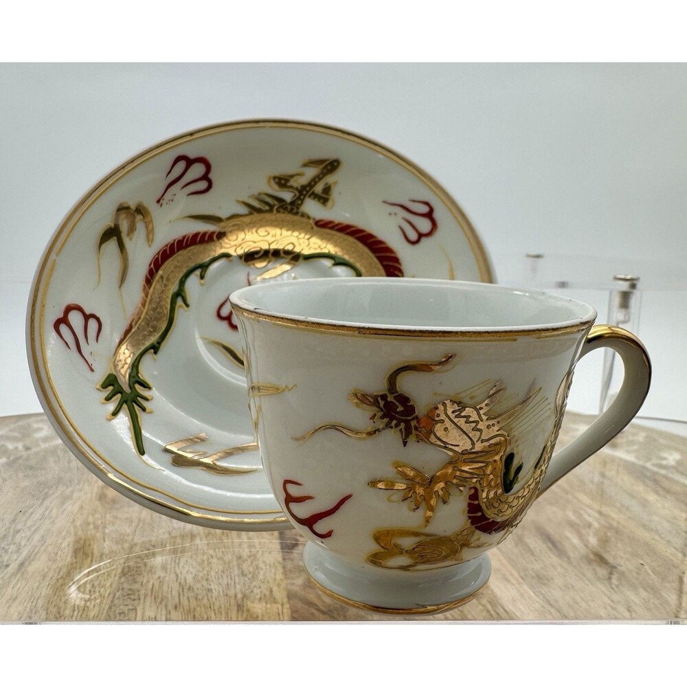 Sunray Kutani Teacup & Saucer Dragonware Moriage Dragon Gold Japan Handpainted
